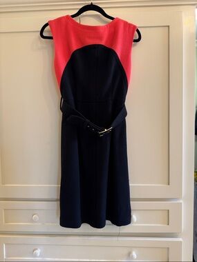 Milly Black and Coral Sleeveless Belted Midi Dress